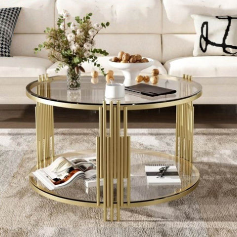 ZUN Modern Glass Coffee Table in 31.5", Asymmetrical Metal, Circular Metal Drum Base, Gold Finish & N735P177478K