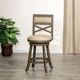 24" Counter Height X-Back Swivel Stool, Weathered Gray Finish, French Gray Leather Seat B04660726