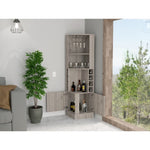 ZUN Syrah Corner Bar Cabinet, Eight Bottle Cubbies, Double Door, Two Open Shelves Light Gray B200P242413