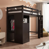 ZUN Twin Loft Bed with Wardrobe, Storage Shelves and Ladder, Espresso 46254892