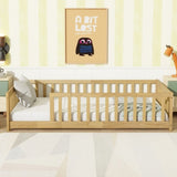 Twin Size Floor Bed with Fence without Door, Rubber Wood Floor Bed with Safety Guardrails,Natural W504P296796