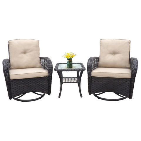 ZUN 3 Pieces Conversation Set, Outdoor Wicker Rocker Swivel Patio Bistro Set, Rocking Chair with Glass W2749P185927