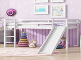 Twin Low Loft Bed with Slide, Ladder, Safety Guardrails, Rubber Wood Twin Loft Bed,White W504P218525