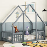 Twin Wood House-Shaped Floor Bed with Fence, Guardrails ,Grey W504P143289