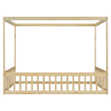 Full Size Canopy Frame Floor Bed with Fence, Guardrails,Natural W504P143283