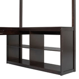 Full Wooden Loft Bed with U-shaped Desk,Storage Compartments and Tri-fold Mirror, Espresso 27628396