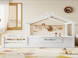 Twin Size Floor Bed with Guardrails and Roof, Kids House Floor Bed with a Small Built-in Tray and W1580P396330