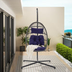 ZUN Outdoor Garden Rattan Egg Swing Chair Hanging Chair Dark Blue Cushion W874126289