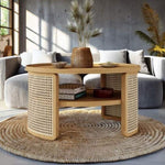 ZUN 2-Tiered Round Natural Wood Coffee Table with Storage Rattan Base in 31.3'' N735P185131N