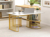 White & Gold Dining Table Set with Faux Marble Top, 2-Layer Open Shelves & Upholstered Stools 69773470