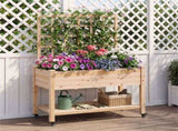 47" Raised Garden Bed with Trellis & Rolling Wheels, Mobile Fir Wood Planter Box for Climbing Plants 08015692