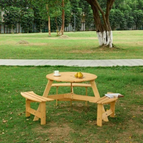 ZUN Outdoor 6 Person Picnic Table, 6 person Round Picnic Table with 3 Built-in Benches, Umbrella Hole, W2275P149762