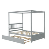 Full Size Canopy Bed with Twin Trundle, Kids Solid Wood Platform Bed Frame w/ Headboard, No Box W69740998