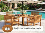 5-Piece Acacia Wood Patio Dining Set, 4-Person Outdoor Square Table & Armchair Set with Umbrella 49434874