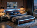 King Size Metal Wood Platform Bed Frame, 3-Panel Reddish Brown Wood Grain Headboard with LED Light & 00231457