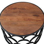 ZUN 32 Inch Round Coffee Table, Mango Wood Top, Lattice Cut Out Metal Frame, Brown, Black B05691253