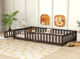 Twin Size Floor Bed with Fence and Door,Rubber Wood Floor Bed with Safety Guardrails,Espresso W504P429279
