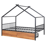 ZUN Full Size Metal House Bed with Two Drawers, Black MF323484AAB