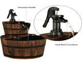 Rustic 2-Tier Barrel Water Fountain with Hand Pump, Wooden Fir Outdoor Fountain for Patio Garden 75022256