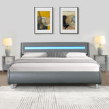 Faux Leather Upholstered Platform Bed Frame with led lighting , Curve Design, Wood Slat Support, No W2297140906