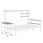 ZUN Full size Metal Daybed with Movable Desk, Metal Grid, Shelves and Clothes Hanger, White N737P199321K