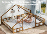 Queen Size Montessori Kids Floor Bed Frame, Playhouse Bed with Triangle Roof Frame, FullSurround 20896867
