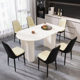 63 "medieval modern cream style MDF dining table and PU dining chair set 6. Assemble Desktop and 00068573
