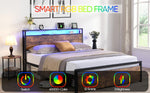 ZUN Queen Size Bed Frame with Storage Headboard and 2 Drawers, LED Lights Bed with Charging Station, 81575223