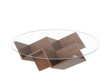 The Round Coffee Table with Glass Top and Geometric Abstract Art Deco Base Storage Shelves, Walnut, N735P350383D