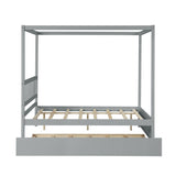 Full Size Canopy Bed with Twin Trundle, Kids Solid Wood Platform Bed Frame w/ Headboard, No Box W69740998