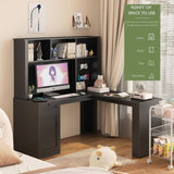 ZUN L Shaped Desk with Charger,Computer Desk with Drawers,Bookshelf & Hutchwith LED Light,Modern Corner 66670798