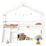 ZUN Twin Low Loft House Bed with Slide, Ladder, Safety Guardrails, House Roof Frame,White W504P145316