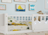 Full Montessori Floor Bed Frame with High Rails, Wood Kids Floor Beds with Light and Storage Shelf, W2593P445207