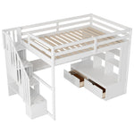 ZUN Full Size Loft Bed with Desk and Shelves, Two Built-in Drawers, Storage Staircase, White 35920794