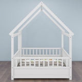 Full Size Floor Wooden Bed with House Roof Frame, Fence Guardrails,White W1858123986