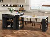 Extendable island console with drawers, double-door cabinet, and open shelving. Serves as dining 68266575
