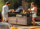 Outdoor Bar Cart Table, Large Wicker Island Rolling Cart, Wheeled Buffet Serving Cart with Glass Top 04069114