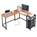 ZUN L-Shaped Desktop Computer Desk with Power Outlets & Shelf Tiger wood 55143353