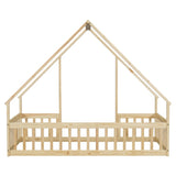 Twin Wood House-Shaped Floor Bed with Fence, Guardrails ,Natural W504P143291