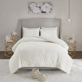 3 Piece Tufted Cotton Chenille Floral Comforter Set Off-White King/Cal King B035128916