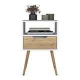 Nightstand 25"H, Superior Top, Four Legs, One Open Shelf, One Drawer, White / Light Oak B097132997
