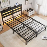 Queen Size Metal Bed Frame with Wooden Headboard, RGB Lights, Charger, Storage Shelf, Noise-Free, No W840P209907
