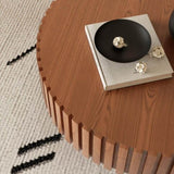 Round Coffee Table Handcrafted Relief Sturdy Pedestal Wooden Olive-Shaped Tea Table for Living Room W3081P255076