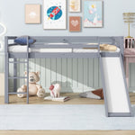 ZUN Twin Low Loft Bed with Slide, Ladder, Safety Guardrails, Rubber Wood Twin Loft Bed,Grey W504P218522