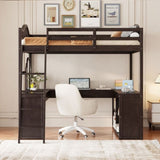 Full Wooden Loft Bed with U-shaped Desk,Storage Compartments and Tri-fold Mirror, Espresso 27628396