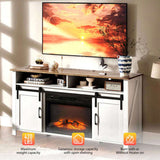 58" White Wash & Brown Top Barn Door Fireplace TV Stand for 23" Insert, Sliding Track Design 65998753
