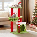 32in Cat Scratching Posts Tower with Cat Condo and Hammock, Christmas Themed Plush Cat Tree with Cat 13527458