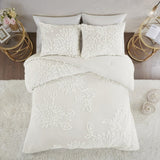 3 Piece Tufted Cotton Chenille Floral Comforter Set Off-White Full/Queen B035128915