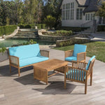 ZUN Outdoor Acacia Wood Sofa Set with Water Resistant Cushions, 4-Pcs Set, Brown Patina / Teal 59116.00T