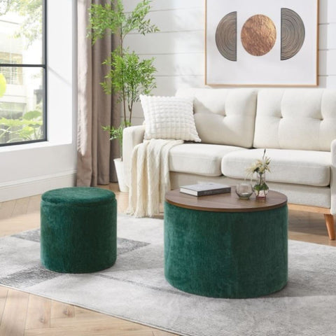 ZUN 2-Piece Set Round Chenille Storage Ottoman, Equipped with a Drum Shaped Small Stool, Storage Space, W487P179603